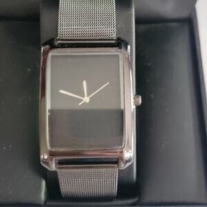 Steel Time Mens Watch Black Dial Silver Case Gray Mesh Stainless Japan Movt